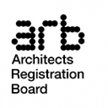 the black Architects Registration Board image logo in a transparent and white